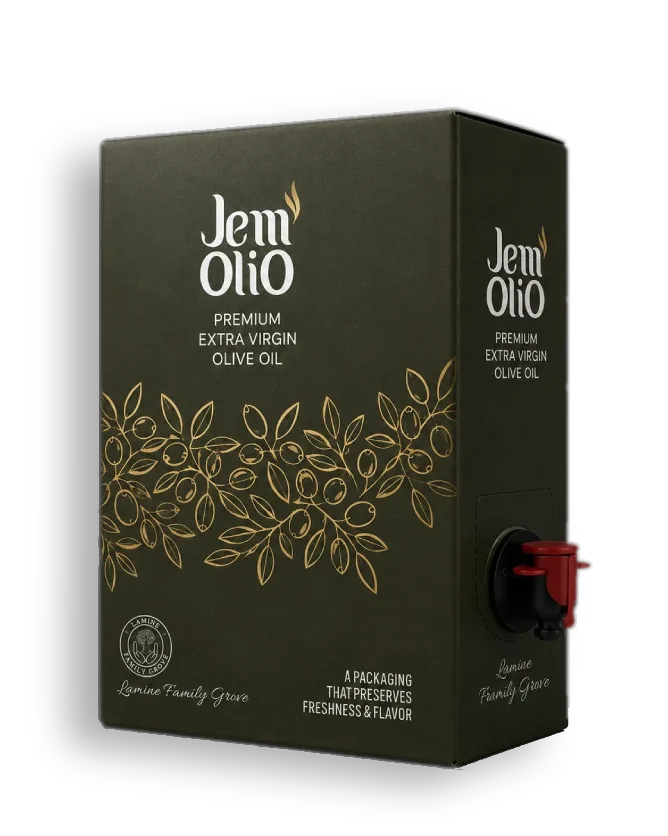 Le Bag-in-Box Jemolio de cinq litres, carton vert sombre à motif d'olivier doré, robinet rouge