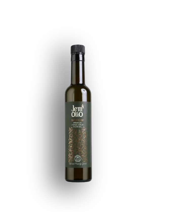 La bouteille Jemolio de 500 millilitres, verre vert sombre au motif d'olivier doré