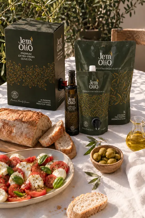 La gamme Jemolio sur une table dressée : coffret, bouteilles, poche, pain, tomates et olives