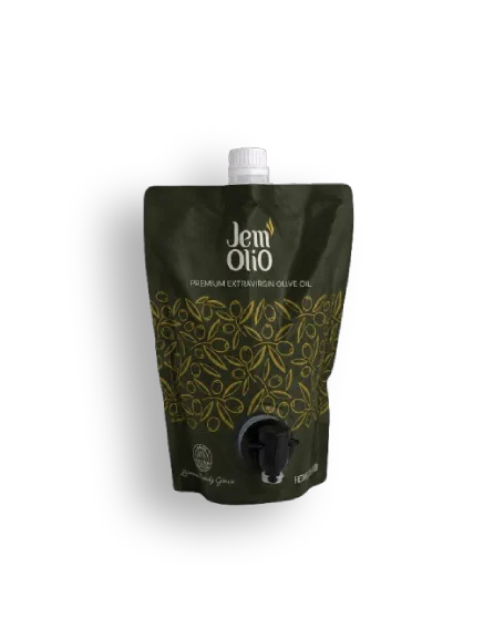 Le stand-up pouch Jemolio 1 litre, vert sombre au motif d'olivier doré