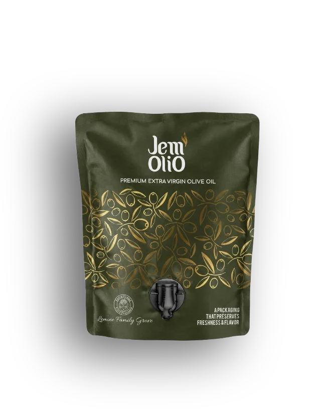 Le stand-up pouch Jemolio de 3 litres, vert sombre au motif d'olivier dore