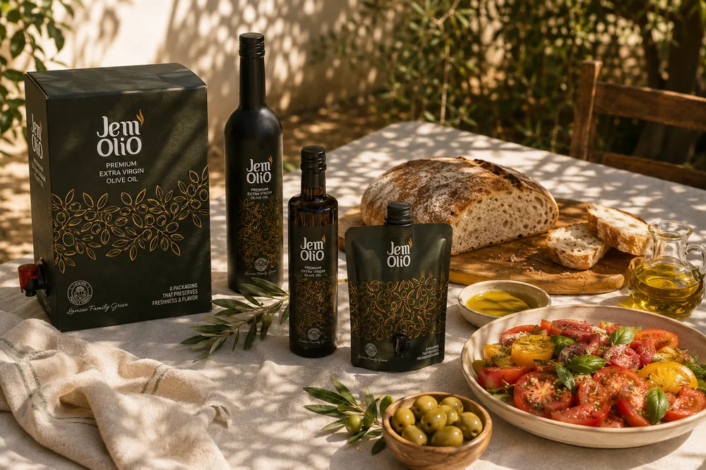 La gamme Jemolio sur une table dressee dehors : Bag-in-Box, bouteilles, poche, pain, olives et tomates